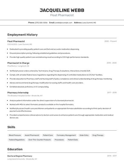 Float Pharmacist Resume