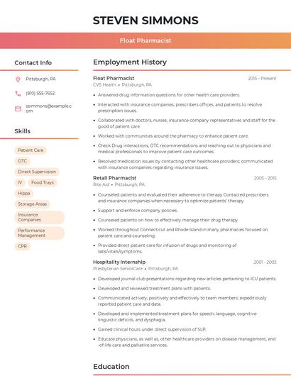 Float Pharmacist Resume