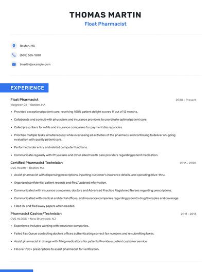 Float Pharmacist Resume