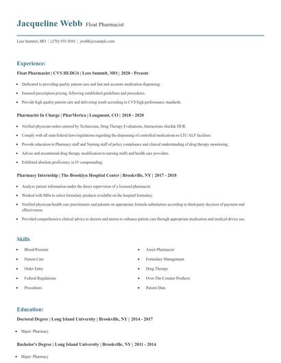Float Pharmacist Resume
