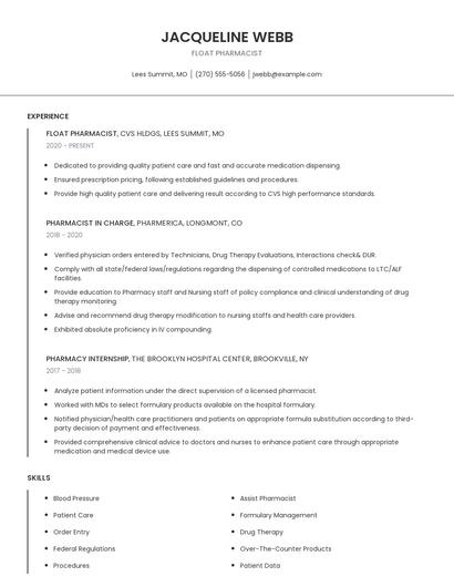 Float Pharmacist Resume