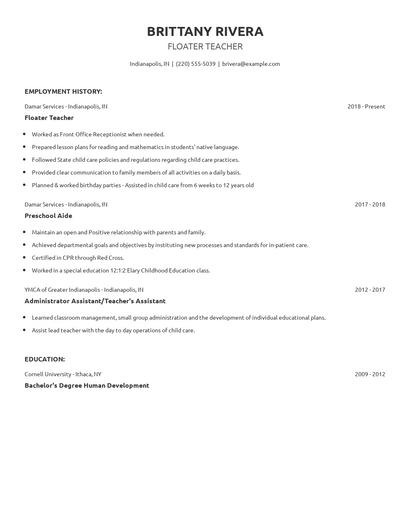 Floater Teacher Resume