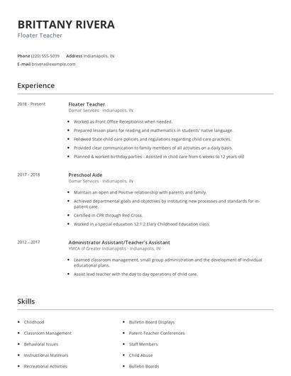 Floater Teacher Resume