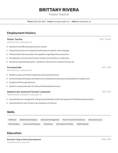 Floater Teacher Resume