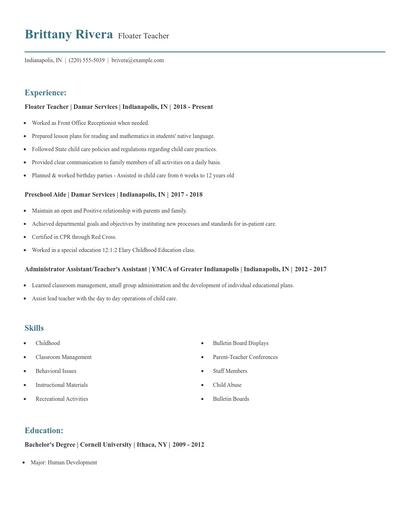Floater Teacher Resume