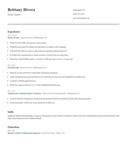Floater Teacher Resume