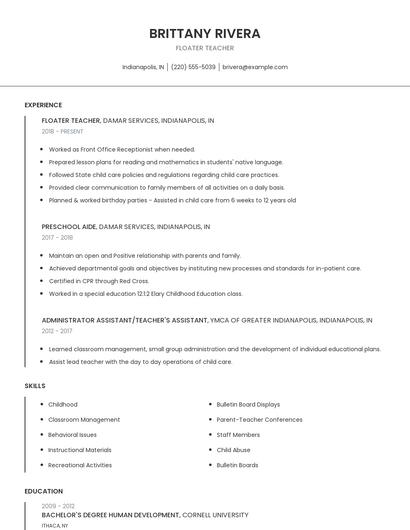 Floater Teacher Resume