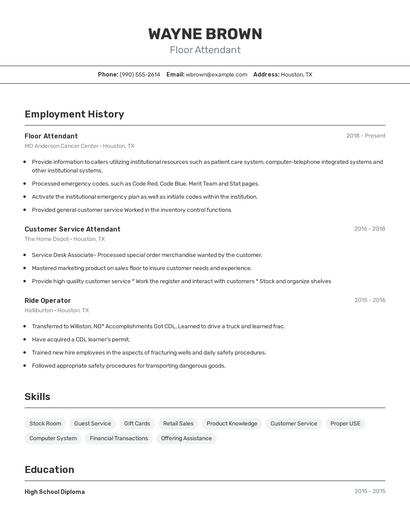 Floor Attendant Resume
