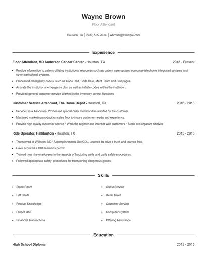 Floor Attendant Resume