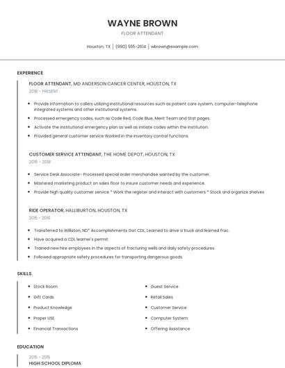Floor Attendant Resume
