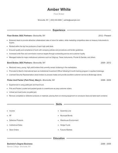Floor Broker Resume