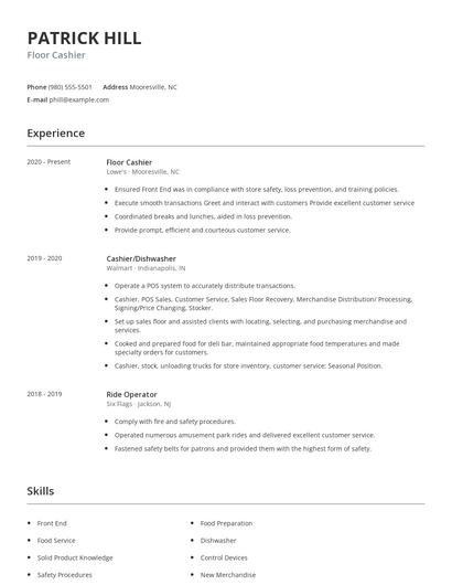 Floor Cashier Resume