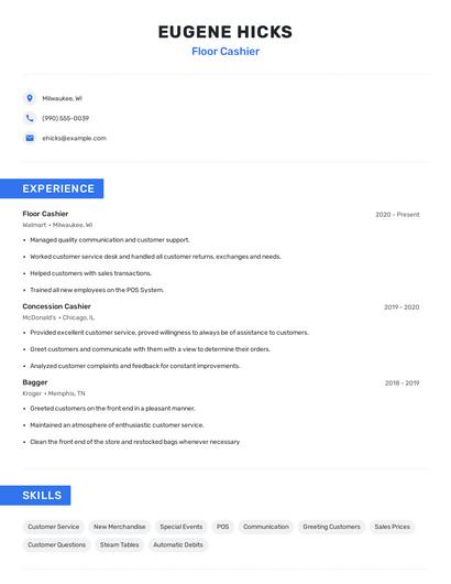 Floor Cashier Resume