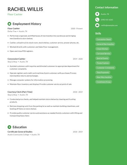 Floor Cashier Resume