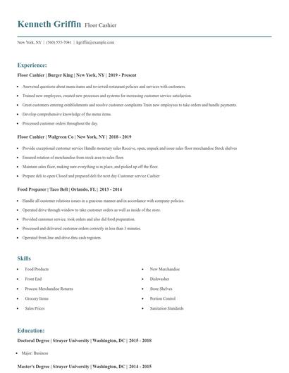 Floor Cashier Resume