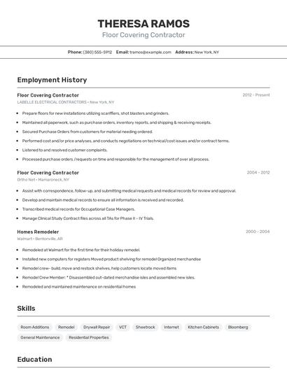 Floor Covering Contractor Resume