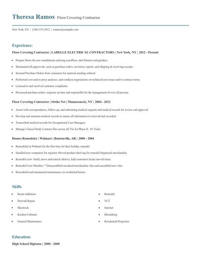 Floor Covering Contractor Resume