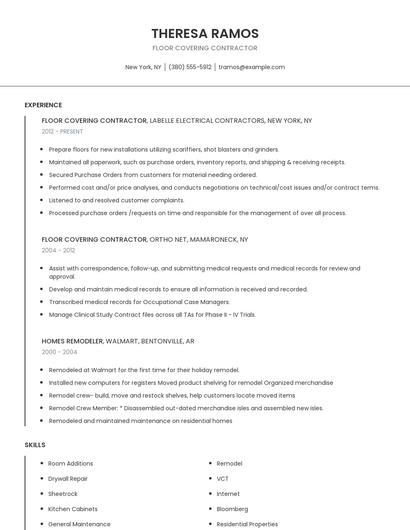 Floor Covering Contractor Resume