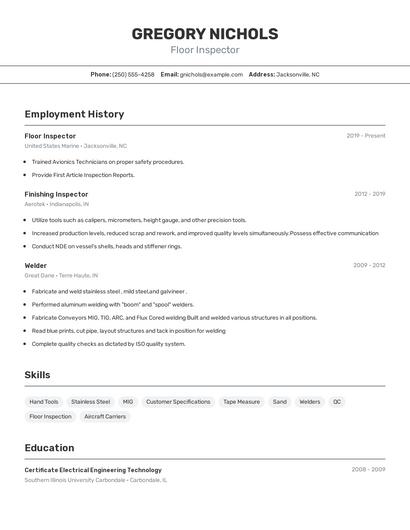 Floor Inspector Resume
