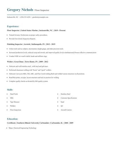 Floor Inspector Resume