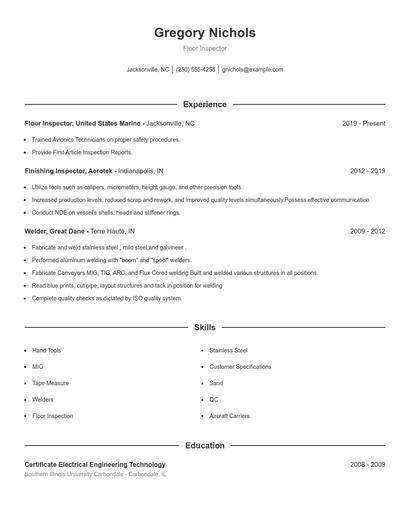 Floor Inspector Resume