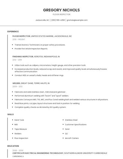 Floor Inspector Resume