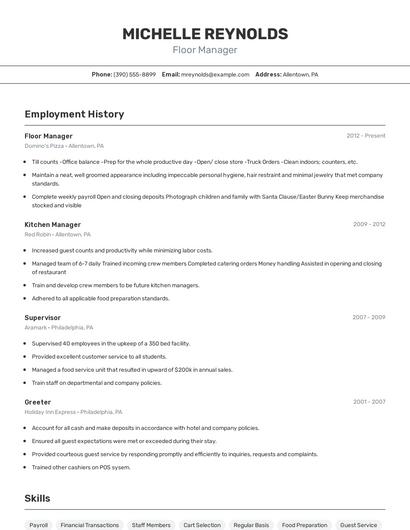 Floor Manager Resume