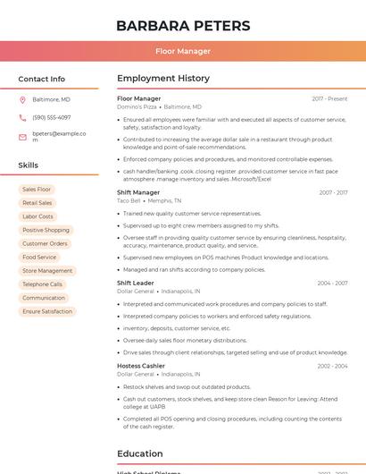 Floor Manager Resume