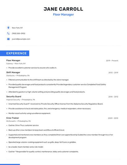 Floor Manager Resume