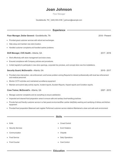Floor Manager Resume