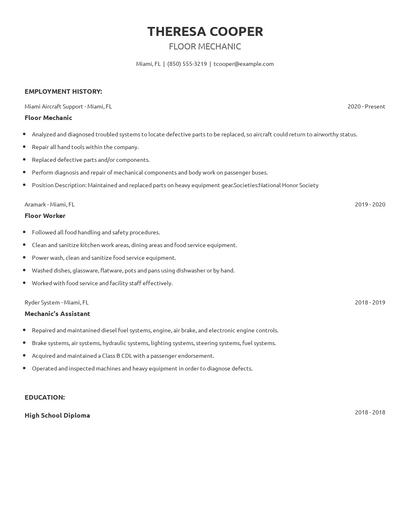Floor Mechanic Resume