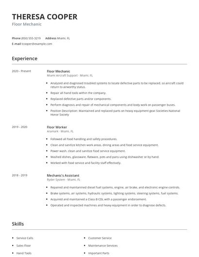 Floor Mechanic Resume
