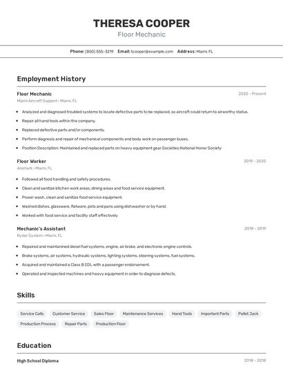 Floor Mechanic Resume