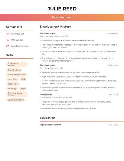Floor Mechanic Resume