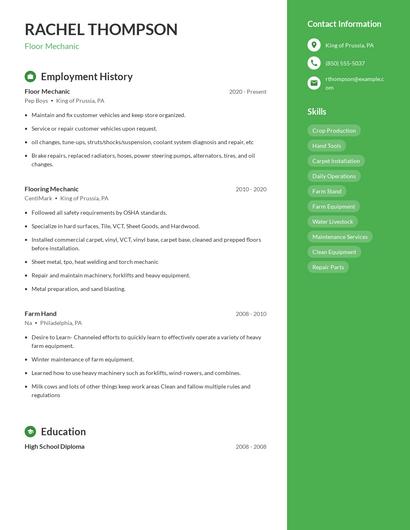 Floor Mechanic Resume