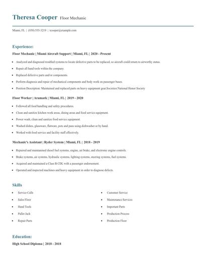 Floor Mechanic Resume