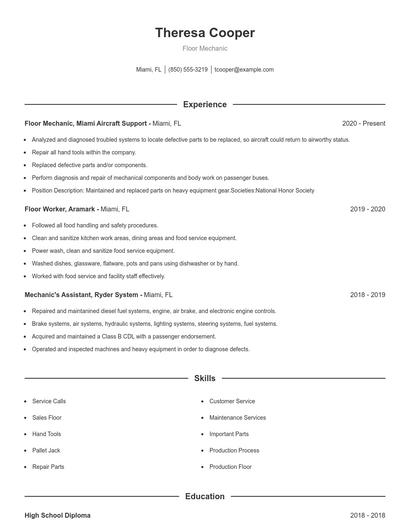 Floor Mechanic Resume