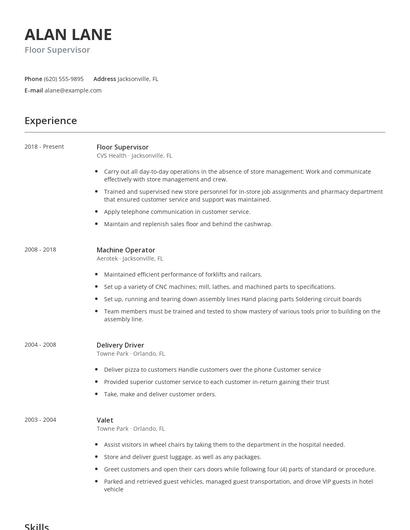 Floor Supervisor Resume