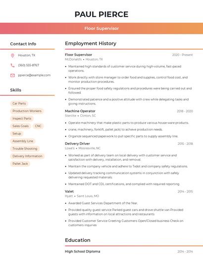 Floor Supervisor Resume