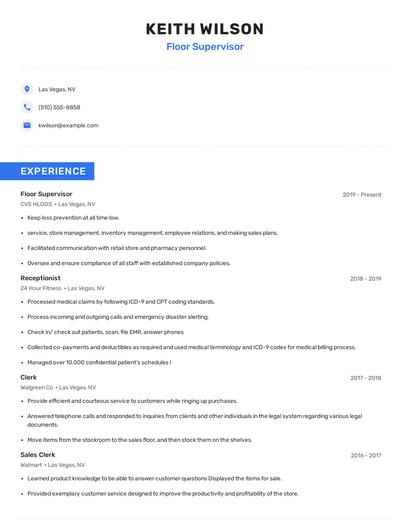 Floor Supervisor Resume