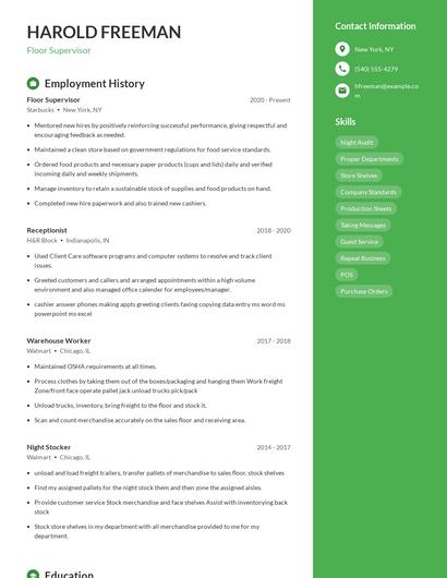 Floor Supervisor Resume