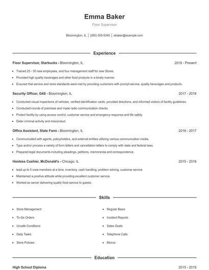 Floor Supervisor Resume