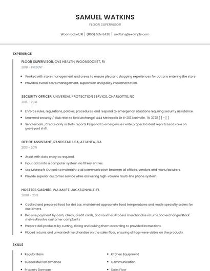 Floor Supervisor Resume