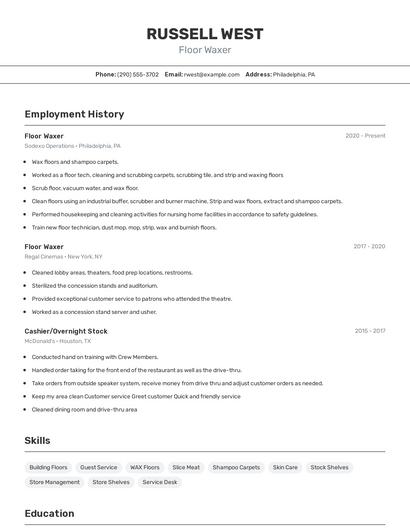 Floor Waxer Resume
