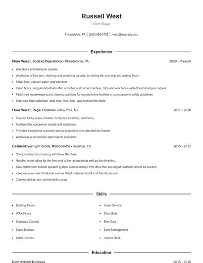Floor Waxer Resume