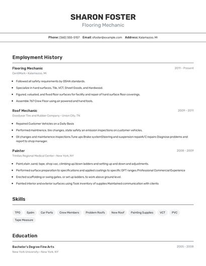 Flooring Mechanic Resume