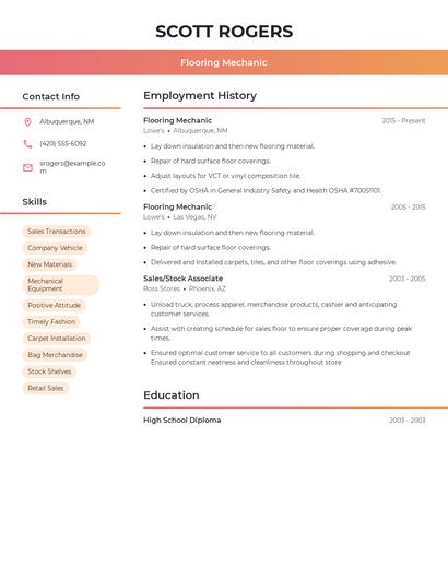 Flooring Mechanic Resume
