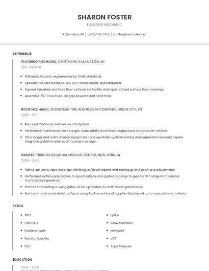 Flooring Mechanic Resume