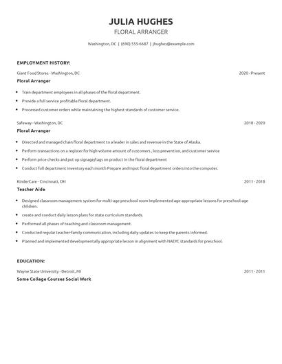 Floral Arranger Resume