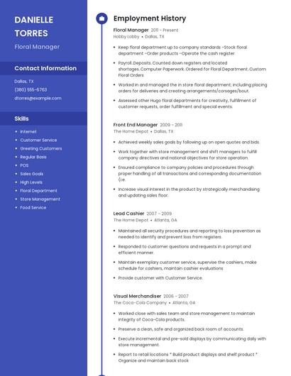 Floral Manager Resume